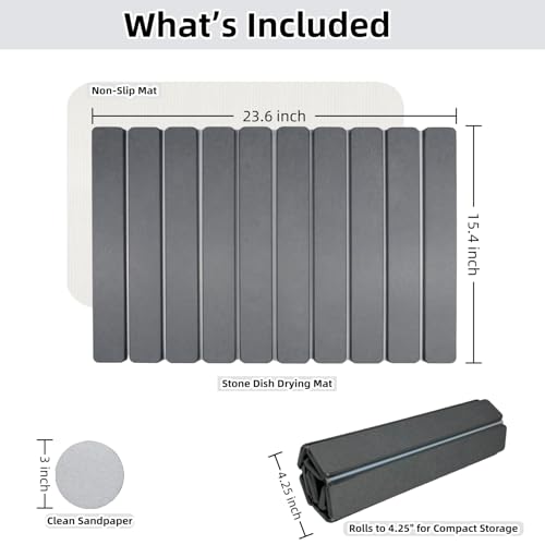 Large Stone Dish Drying Mat for Kitchen Counter Sink Bathtub, Diatomaceous Earth Food Grade Super Absorbent Self-Drying Fast Dry, Foldable Easy-to-Clean Eco-Friendly Drying Pad, 24"×16", Dark Gray