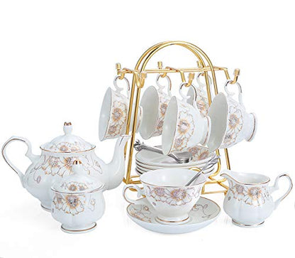 CHENP.HMC Tea Set 22-Piece Porcelain Ceramic Coffee(Chrysanthemum) | Tea Gift Sets Cups Saucer Service for 6 Teapot Sugar Bowl Creamer Pitcher and Teaspoons - color: White Yellow