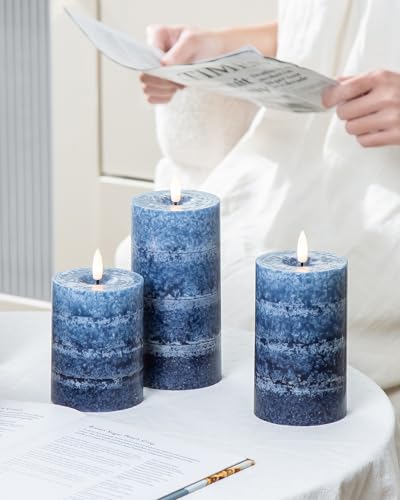 Stmarry Gradient Navy Blue Flameless Candles with Remote and Timer, Real Wax Made LED Pillar Candles Battery Operated with 3D Flickering Flame, 3" x 4",5",6", Navy Blue Decor, Set of 3 - color: Gradient Navy Blue