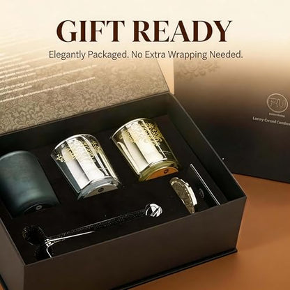 Luxury Candle Gift Set for Women, 3x7oz, Trimmer & Snuffer Lid | Soy candles: Scent Warm Sandalwood Rose, Bright Citrus Gardenia & Jasmine Rose Bloom, natural crystals, 120-hour burn
