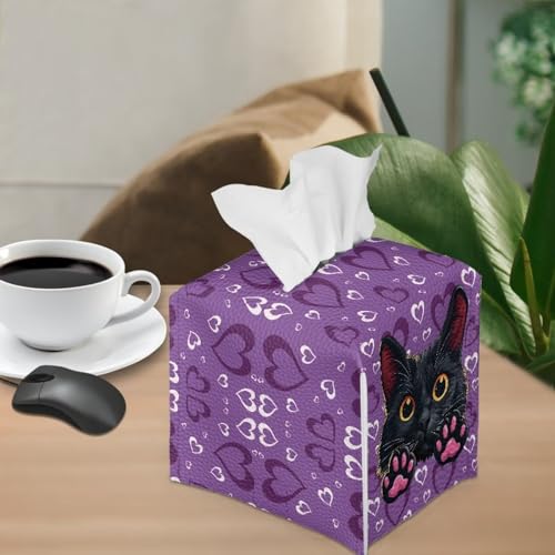 Cat Heart Tissue Box Covers Leather PU Facial Paper Organizers Dispenser Foldable Square Facial Tissue Case for Tabletop Bathroom Night Stand - color: Cat Heart