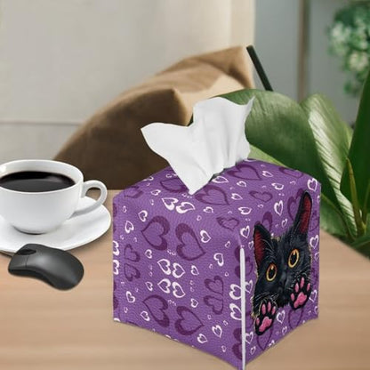 Cat Heart Tissue Box Covers Leather PU Facial Paper Organizers Dispenser Foldable Square Facial Tissue Case for Tabletop Bathroom Night Stand - color: Cat Heart