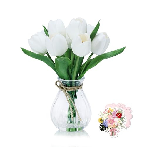 12in Artificial White Tulips in Glass Vase with Faux Water for Home Decor | Zero-Maintenance PU Tulip Floral Arrangement for Home Living Room Office Desk Decor & Wedding Party,Perfect Housewarming Gift - color: White Tulip With Glass Vase