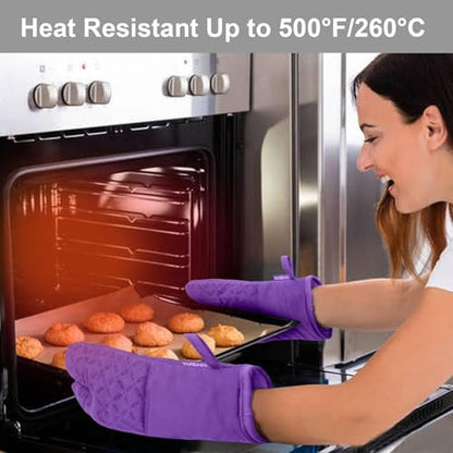 KEGOUU Oven Mitts and Pot Holders 6pcs Set, Kitchen Oven Glove High Heat Resistant 500 Degree Extra Long Oven Mitts and Potholder with Non-Slip Silicone Surface for Cooking (Purple) - color: Purple