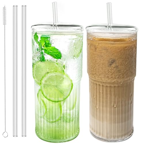 Luiaiog Glass Cups with Lids and Glass Straws,Mason Jar Cups High Borosilicate 20OZ Tumblers (2Pcs) for Coffee, Tea, Juice, Smoothies, Hot/Cold Drinks at Home, Office - color: Standard Clear 2pcs 20oz