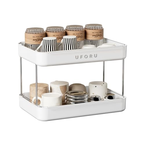 UFORU Countertop Coffee Station Organizer,Cup Rack,Mug & Wine Glass Holder | 2-Tier White Mug Shelf With Removable Drain Tray,Bathroom Countertop Organizer,Spice Rack for Kitchen - color: White