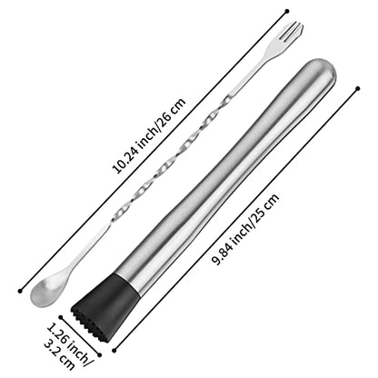 tifanso 2PCS 10" Stainless Steel Cocktail Muddler & Mixing Spoon for Bar | Long Handle Design, Ideal for Mojitos & Fruit Drinks, Sturdy & Rust Proof, Essential Bar Tools for Home & Professional Use