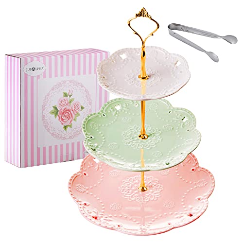 Jusalpha 3-Tier Multi Color Solid Ceramic Serving Stand (3 Color-Gold) | Adjustable Cake Stand-Dessert Stand-Cupcake Stand-Tea Party Serving Platter comes with a sugar tong - color: Gold