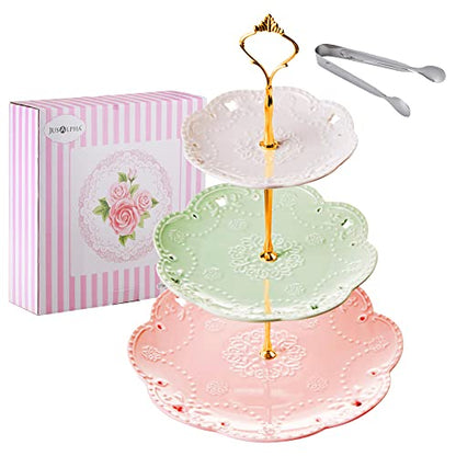 Jusalpha 3-Tier Multi Color Solid Ceramic Serving Stand (3 Color-Gold) | Adjustable Cake Stand-Dessert Stand-Cupcake Stand-Tea Party Serving Platter comes with a sugar tong - color: Gold