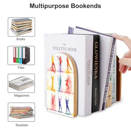 Book Ends for Shelves Heavy Duty Non-Slip Wooden Bookends with Metal Base Modern Decorative Wooden Book Holders Gymnastics Game Book Stopper for Home Office And Library,Books Shelf Holder Organizer Ac