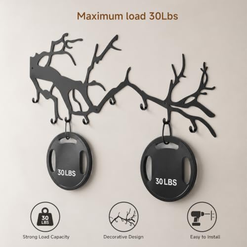 Wall Coat Rack with 8 Hooks Black - Tree Branch Design Metal Wall Hooks - Coat Hooks for Hallway, Bathroom, Bedroom, Kitchen - Hook Rail for Wall Mounting