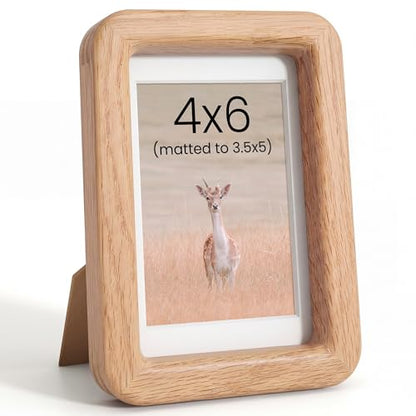 Acovy 4x6in Picture Frame, Natural Solid Oak | Handcrafted Wooden Photo Frame, Dual Use for Tabletop & Wall Mount, Matted to Fit 3.5"x5" Photos, HD Tempered Glass - color: Oak, size: 4x6in