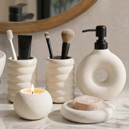 5 Pcs Ceramic Bathroom Accessories Set, White Bathroom Soap Dispenser Set | Soap Dispenser 16Oz, Toothbrush Cup, Toothbrush Holder, Soap Dish, Candle Holder,Modern Bathroom Accessory Set for Countertop - color: White-002