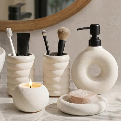 5 Pcs Ceramic Bathroom Accessories Set, White Bathroom Soap Dispenser Set | Soap Dispenser 16Oz, Toothbrush Cup, Toothbrush Holder, Soap Dish, Candle Holder,Modern Bathroom Accessory Set for Countertop - color: White-002