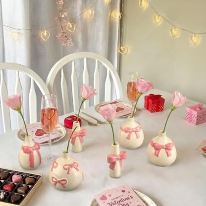 6 Pcs Pink Bow Vase Tiny Ceramic Bud Vase for Girl Coquette Home Decor Small Flower Vases Centerpieces Shelf Table for Living Room Wedding Baby Shower Decor