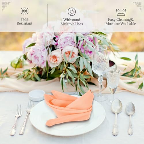 PLOYMONO Peach Cloth Napkins - 8 Pack 17" x 17" Washable Polyester Napkins | Heavy Duty 180 GSM Cloth Napkins with Hemmed Edges - Great for Restaurants, Weddings, Parties, Banquets Dinner - color: Peach