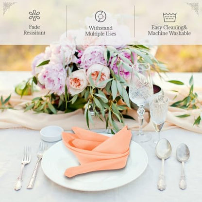 PLOYMONO Peach Cloth Napkins - 8 Pack 17" x 17" Washable Polyester Napkins | Heavy Duty 180 GSM Cloth Napkins with Hemmed Edges - Great for Restaurants, Weddings, Parties, Banquets Dinner - color: Peach