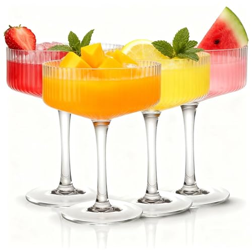 4 Pcs Ribbed Coupe Glasses, 10 oz Large Vintage Martini Glass Set, Unique Margarita Glass, Classic Cocktail Galssware, Ribbed Bar Drinking Glasses Set for Cocktail, Wine, Champagne, Espresso & Gift