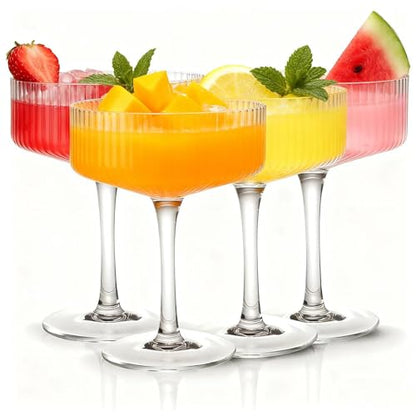 4 Pcs Ribbed Coupe Glasses, 10 oz Large Vintage Martini Glass Set, Unique Margarita Glass, Classic Cocktail Galssware, Ribbed Bar Drinking Glasses Set for Cocktail, Wine, Champagne, Espresso & Gift