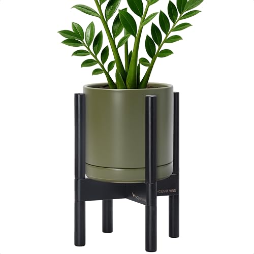 D'vine Dev Ceramic Pot with Ebony Wood Stand, Olive, 8 in, 55-B-M-J | Mid-Century Modern Design, Raised Plant Display, Solid Beech Wood Stand, Premium Craftsmanship, Sophisticated Home Decor - color: Olive Pot + Ebony Stand, size: 8 Inch