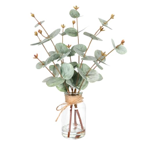 Velener Faux Eucalyptus Stems in Vase with Faux Water, Fake Plants Artificial Eucalyptus Plant for Home Decor, Kitchen Bathroom Farmhouse Living Room Coffee Table Centerpieces for Tables Green-1 Pack - color: Green Eucalyptus