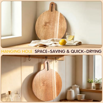 Mini Acacia Wood Round Cutting Board with Handle, Wooden Kitchen Prep Board, Small Chopping Board for Fruit Vegetables Meat Bread Multipurpose Pizza Cheese Serving Tray for Restaurant & Party