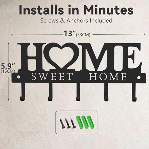 Entryway Key Holder Wall Mount with 5 Hooks, 13" Metal “Sweet Home” Key Rack Organizer for Wall, Decorative Key Hanger for Entryway, Hallway & Mudroom, Housewarming Gift, Black - size: 13inches