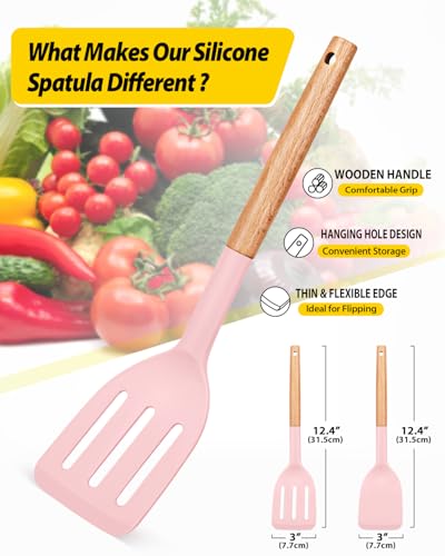 Pack of 2 Silicone Cooking Spatula, Heat Resistant Solid Turner, Non Stick Slotted Spatulas with Wooden Short Handle,Ideal Wood Kitchen Utensils Set for Frying, Baking, Flipping, Turning - color: Pink