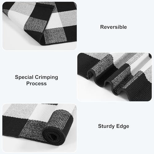 KIMODE Buffalo Plaid Outdoor Rug Runner Doormat 24'' x 51", Black/White Cotton Woven Checkered Fall Farmhouse Porch Rugs, Washable Indoor Door Mat for Front Layered Kitchen Bathroom Laundry Room | Checkered，Black and White,24"x51",Fall Farmhouse，Woven，Was