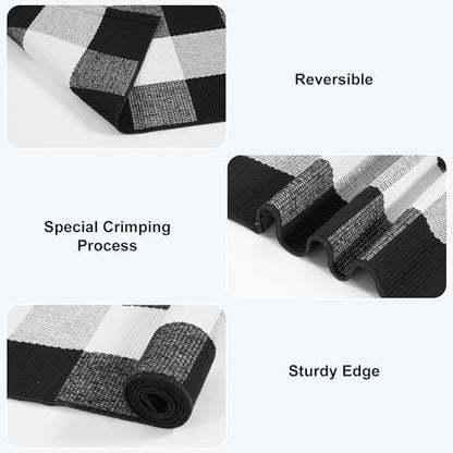KIMODE Buffalo Plaid Outdoor Rug Runner Doormat 24'' x 51", Black/White Cotton Woven Checkered Fall Farmhouse Porch Rugs, Washable Indoor Door Mat for Front Layered Kitchen Bathroom Laundry Room | Checkered，Black and White,24"x51",Fall Farmhouse，Woven，Was