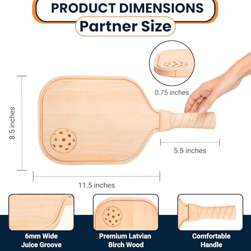 Pickleball Charcuterie & Cutting Board, Pickleball Gift, Partner Size - 17 x 8.5 x 0.75”, Birch Wood, Paddle Shape with Handle, Mineral Oil Finish - size: 17"L x 8.5"W