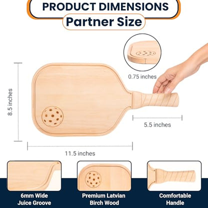 Pickleball Charcuterie & Cutting Board, Pickleball Gift, Partner Size - 17 x 8.5 x 0.75”, Birch Wood, Paddle Shape with Handle, Mineral Oil Finish - size: 17"L x 8.5"W