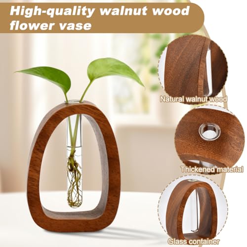 Solid Wood Frame Glass Test Tube Vase Desk Hydroponic Plant,Modern Decorative Hydrophilic Plants Vases,Mini Propagation Station for Hydroponic Plants,Desktop Home Office Decor