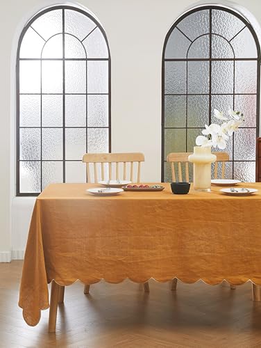 100% French Flax Linen Tablecloths Scalloped Embroidery Rectangle 84Lx60W Inch for Dinners, Parties, Spring, Easter, Machine Washable, 6-8 Sets, 60''x84'', Rust(Edges-Gold) - color: Rust(edges-gold), size: 84" x 60" (Rectangular)