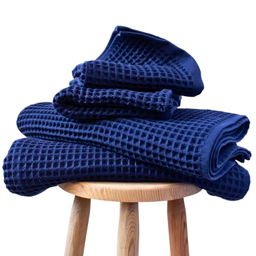 PÜSKÜL Natural 100% Turkish Cotton Waffle Towels Set for Bathroom (4-Piece) | Navy Blue, Large Size 2 Hand and 2 Bath Towel, Quick-Dry Soft Absorbent Premium 3D Honeycomb Weave, Oeko-Tex Made in Turkey - color: Navy Blue