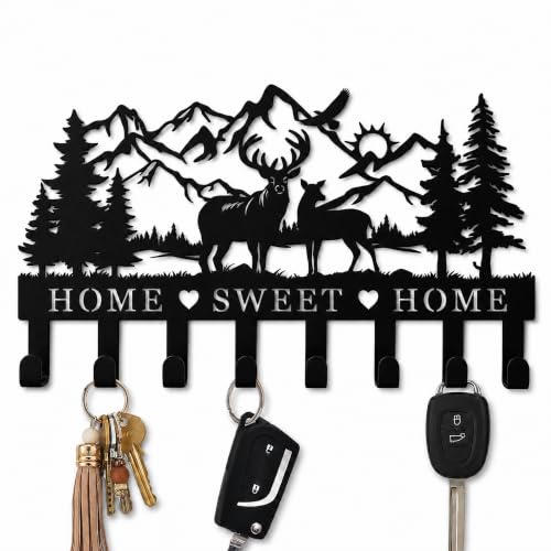 Deer Metal Key Holder for Wall, 14.5" X 9.2", Key Hooks for Wall Organizer, Key Rack, Forest Theme Coat Hat Towel Hooks, Ideal for Living Roo - size: Medium, style: Sweet Home