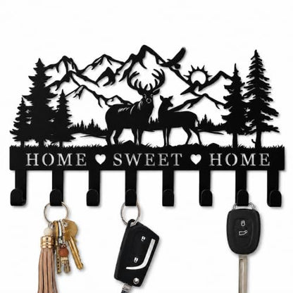 Deer Metal Key Holder for Wall, 14.5" X 9.2", Key Hooks for Wall Organizer, Key Rack, Forest Theme Coat Hat Towel Hooks, Ideal for Living Roo - size: Medium, style: Sweet Home