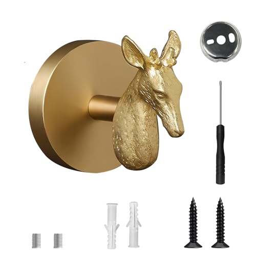 Deer Wall Hook, Solid Brass Heavy Duty Vintage Animal Hook. Used for Hanging Clothes, Hats, Towels, Bags, Organizing Decorative Wall Hooks - color: Gold Deer