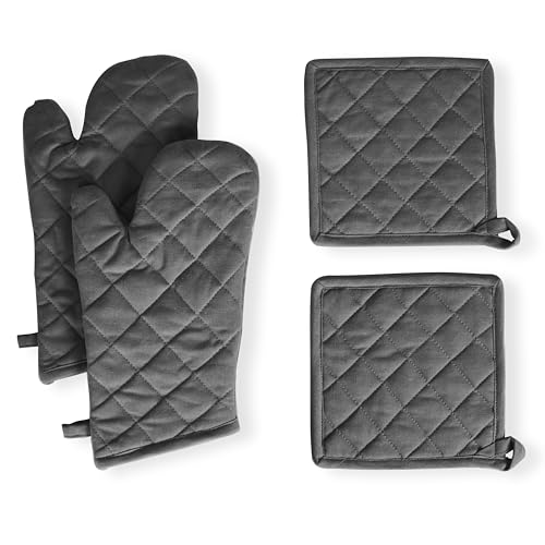Native Fab Farmhouse Oven Mitts and Pot Holders Set of 4, Heat Resistant Non-Slip Machine Washable, 100% Cotton Kitchen Pot Holders Oven Mitts Sets Grey - color: Gray