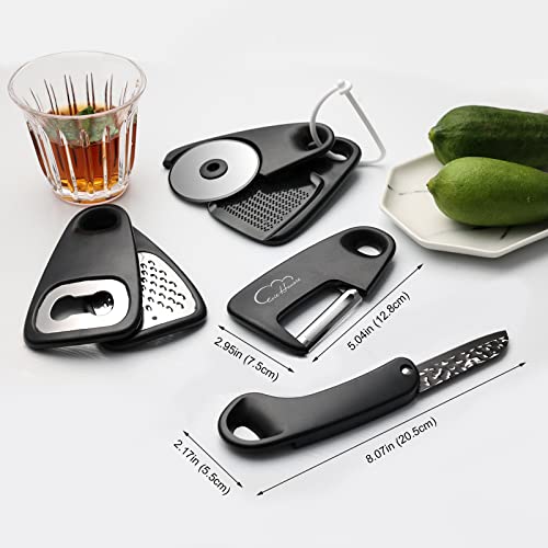 Kitchen Gadgets Set 6 Piece, Space Saving, Portable, Black | Stackable Gadgets Utensils, Grater, Bottle Opener, Pizza Cutter, Peeler, Paring Knife, Garlic Grinder, Storage Bag - color: Classical Black 6pcs