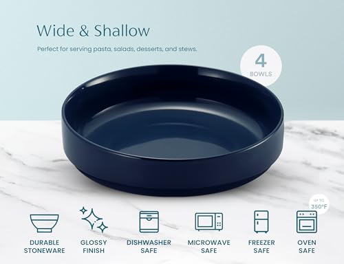 KooK Ceramic Large Pasta Bowls, Microwave and Dishwasher Safe, Great for Soups and Salads, Shallow Serving Bowls, Glossy Porcelain, 47 oz, Set of 4, Navy Blue - color: Navy Blue