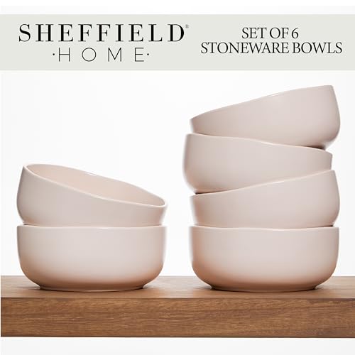Sheffield Home Large Stoneware Cereal Bowls - Set of 6, 28oz Capacity - Dishwasher & Microwave Safe - 6" Diameter, Stylish & Functional for Everyday Use – Blush - color: Blush