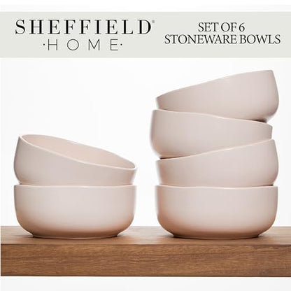 Sheffield Home Large Stoneware Cereal Bowls - Set of 6, 28oz Capacity - Dishwasher & Microwave Safe - 6" Diameter, Stylish & Functional for Everyday Use – Blush - color: Blush