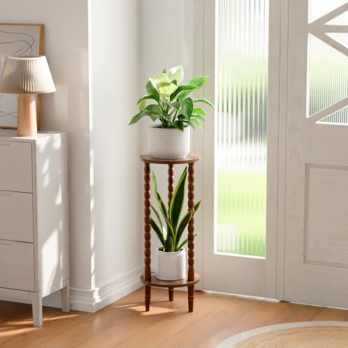30" Tall Plant Stand Indoor, Round Rubber Wood Corner Plant Shelf Holder | Easy to Assembly, Minimalist Style, Unrestricted Flat Round Shelves, For Display Plants, Photos & Decor, Living Room, Bedroom