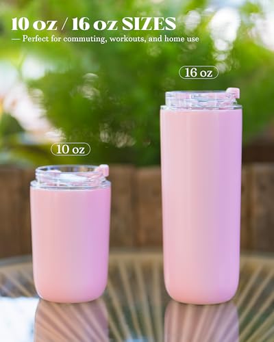 16 oz Insulated Coffee Tumblers, Travel Coffee Tumblers with Straw (Pink) | Double-Wall Stainless Steel Tumbler, Leak Proof Tumbler, Reusable Cups with Lids for lced and Hot Drinks - color: 16-Pink, size: 16 Ounces