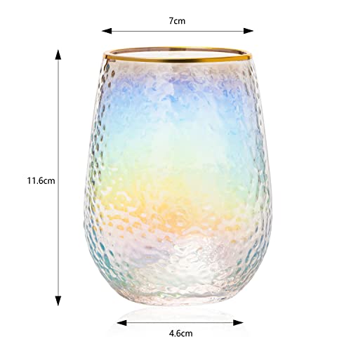 Rainbow Hammered Iridescent Stemless Wine & Water Glasses - Set of 4-100% Glass 15oz Mouthblown Colorful Pearl Glasses - Anniversaries, Birthday Gift, Cocktail Party Radiance - Water, Whiskey, Gift