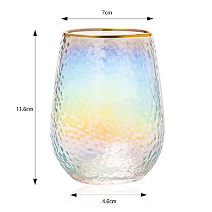 Rainbow Hammered Iridescent Stemless Wine & Water Glasses - Set of 4-100% Glass 15oz Mouthblown Colorful Pearl Glasses - Anniversaries, Birthday Gift, Cocktail Party Radiance - Water, Whiskey, Gift
