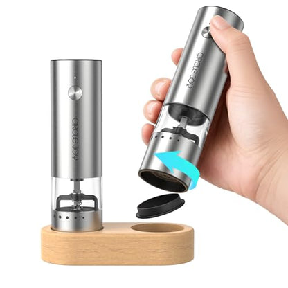 CIRCLE JOY Mini Rechargeable Salt and Pepper Grinder Set with Wooden Base, Dust Cover and External Adjustment, Stainless Steel Electric Pepper Mill Grinders for Kitchen, Outdoors and Travel, Silver - color: MINI Rechargeable Set with Wooden Base