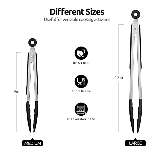 U-Taste 480ºF Heat Resistant Food Grade Silicone Spoon Spatula Set of 3, and 600℉ Heat-Resistant Food-Grade Non-Stick Firm Cooking Tong Set of 2 (Black)
