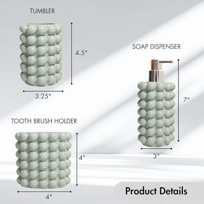 Better Trends Bathroom Accessories Set 3 Pieces Resin Bubble Textured Soap Dispenser, Toothbrush Holder & Tumbler for Vanity, Kitchen Sink & Countertop Organization Dark Sage Nova Collection - color: Dark Sage